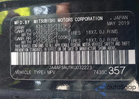 2019 Mitsubishi Outlander Sport 2.0 Es z USA, uszkodzony, nr VIN JA4AP3AU1KU032223